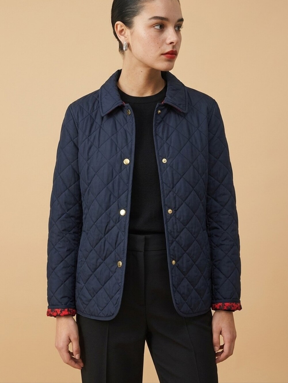 C. Wonder Blue Quilted Preppy Barn Jacket with Gold Buttons Contrast Lining Sz L